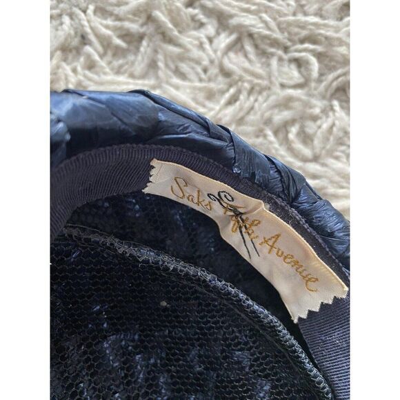 Vintage Pillbox Hat Saks Fifth Avenue Dark Navy Blue Straw 1950s main image 6